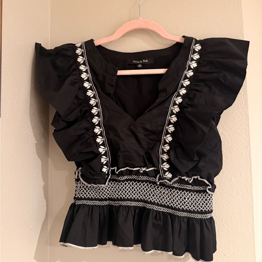 She + Sky Black Blouse with White Embroidery